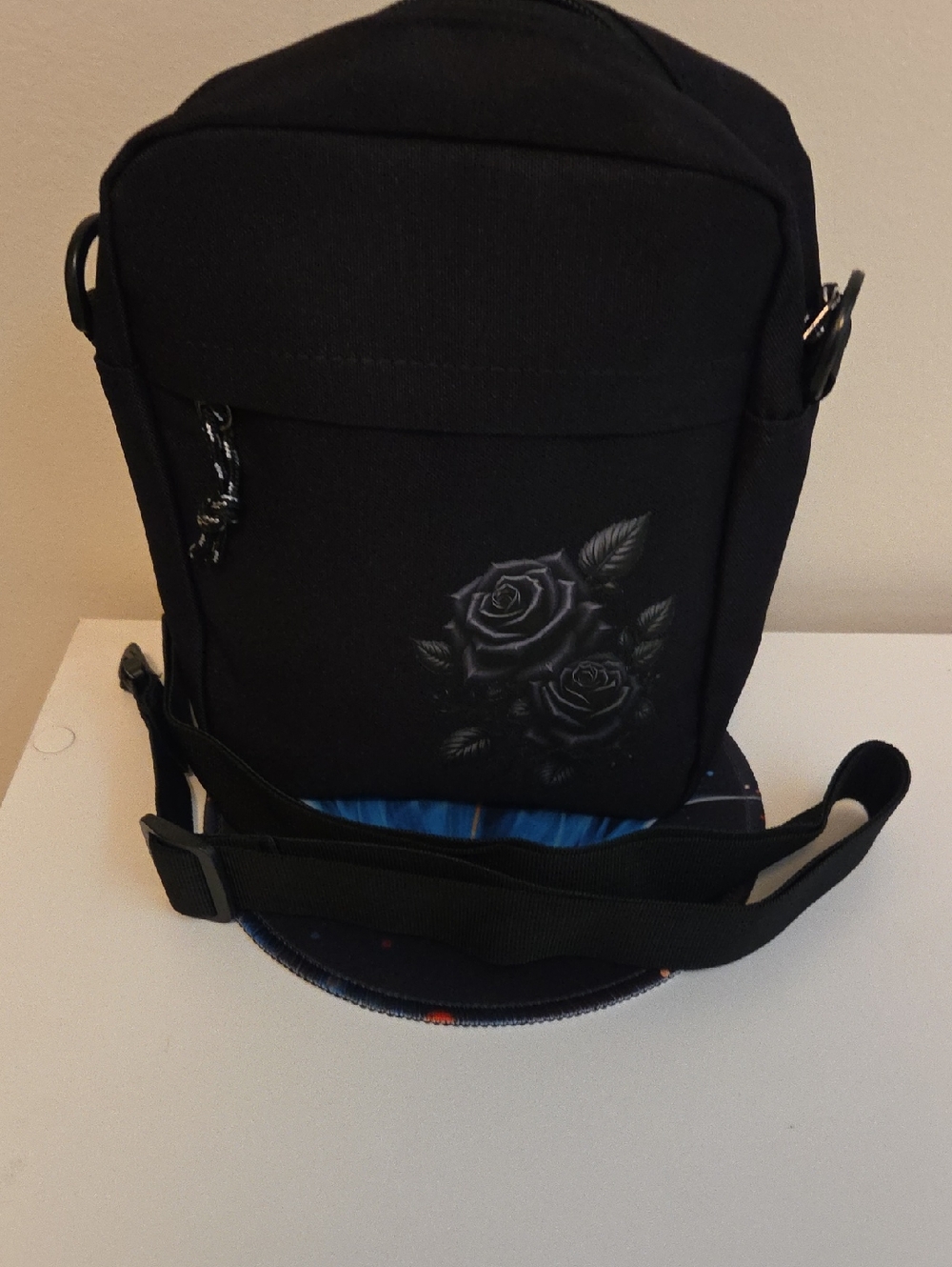 Black Crossbody Bag with Rose Embroidery